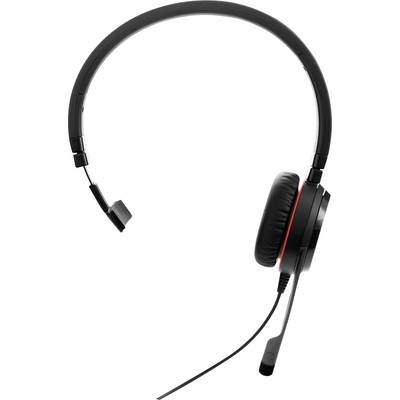 Černá sluchátka s připojeným mikrofonem, vybavená polstrovanými náušníky a připojeným kabelem, určená pro audio nebo komunikační účely.
