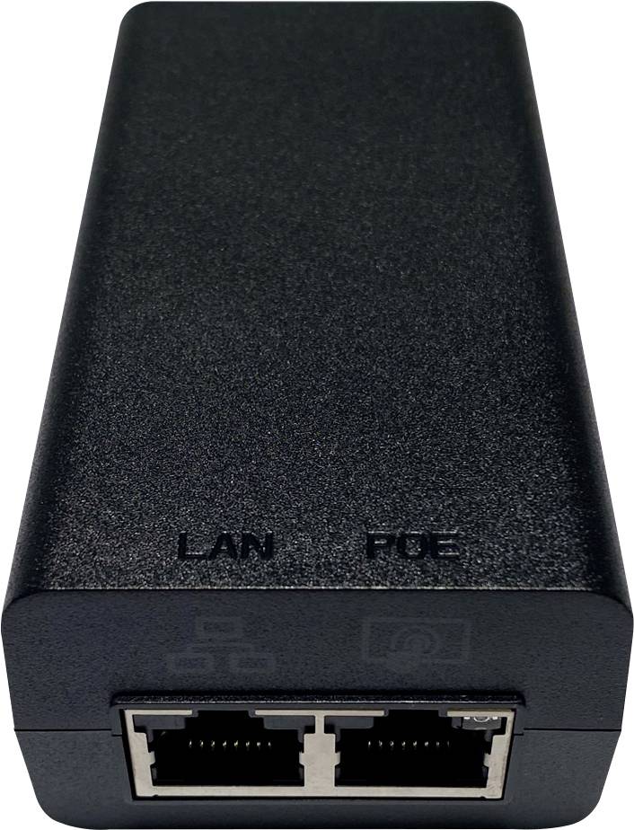 Černý Ethernet PoE injektor se dvěma porty označenými "LAN" a "POE", navržený pro poskytování energie a dat prostřednictvím síťových kabelů.