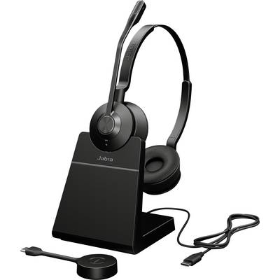 Bezdrátová sluchátka Jabra na nabíjecím stojanu s USB kabelem a adaptérem Bluetooth, určená pro bezrucí komunikaci.