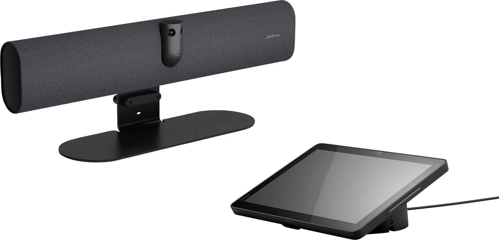 Elegantní černý soundbar s vestavěnou kamerou je umístěn nad dotykovou tabletu na stojanu, spojenou kabelem.
