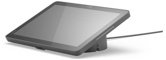 Digitální tablet se stojanem a připojeným kabelem, skloněný pro pohodlné použití.