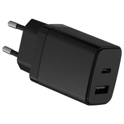 Černá USB nabíječka se dvěma kolíky a dvěma porty: jedním USB-C a jedním USB-A, určená k nabíjení elektronických zařízení.