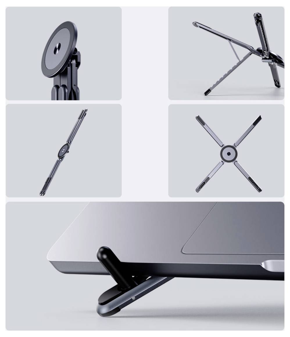 Přenosný počítač je postaven na skládacím stojanu na pracovním stole, umístěn tak, aby se zlepšila cirkulace vzduchu a ergonomie, s bílým pozadím.