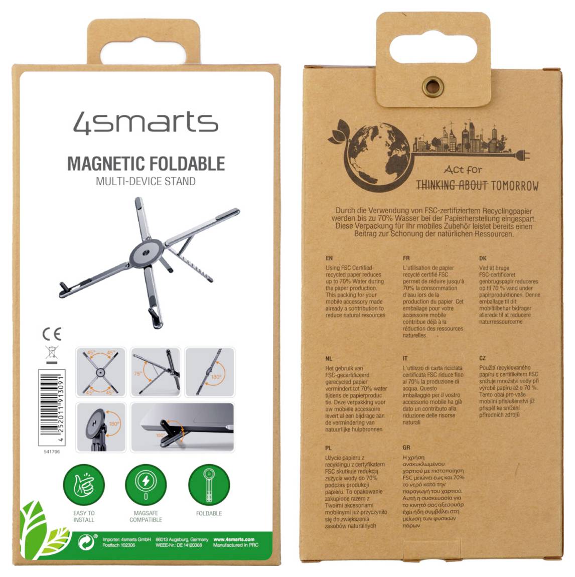"4smarts Magnetický skládací multizařízení stojánek" balení se zobrazuje návodem k nastavení a zprávou o udržitelnosti. Hnědý, ekologicky šetrný design.