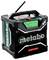 Přenosné černo-zelené rádio s výrazně zobrazenou značkou „Metabo". Na vrcholu se nachází ovládací prvky a digitální displej.