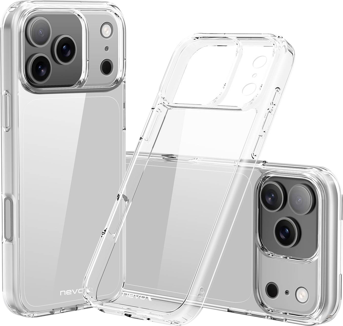 Tři průhledné pouzdra na telefony zobrazené pro různé modely chytrých telefonů, zvýrazňující přesné výřezy pro tlačítka a objektivy fotoaparátů.
