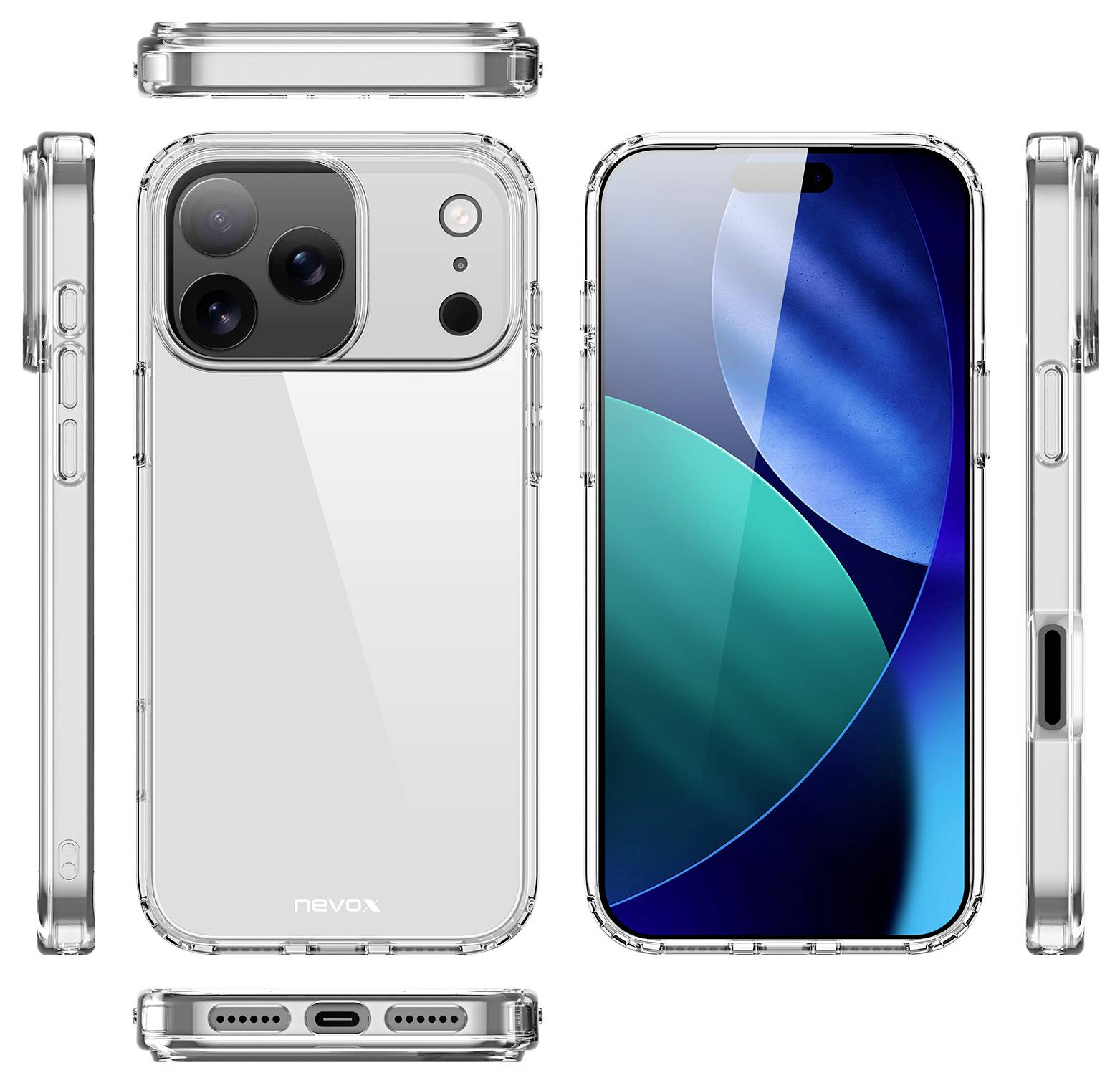 Smartphone s průhledným pouzdrem, zobrazující tři zadní objektivy fotoaparátu a blesk na tmavém panelu.