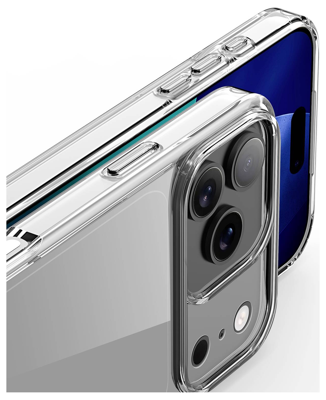 Dva smartphony s modrými a šedými zády jsou zapouzdřeny v průhledných ochranných pouzdech, které výrazně vystavují čočky fotoaparátů.