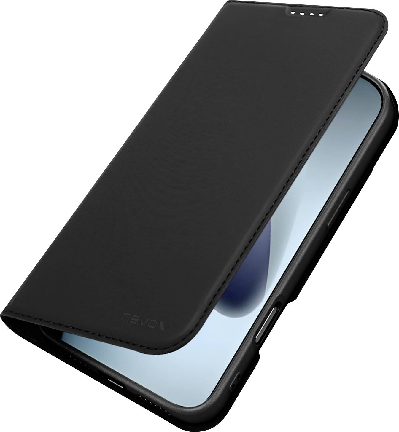 Černé pouzdro na smartphon v podobě peněženky s mírně otevřeným předním krytem, které ukazuje telefon uvnitř a částečně odhaluje jeho obrazovku.