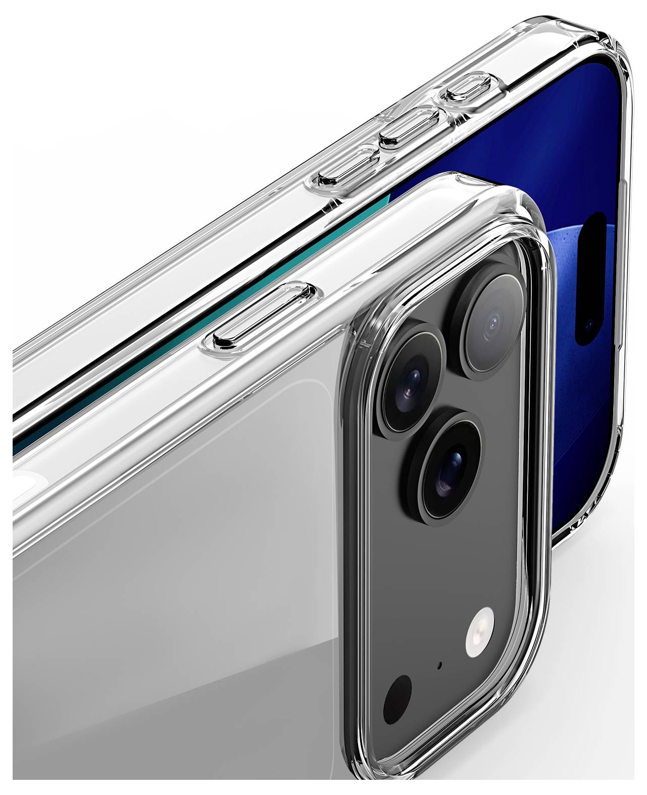 Detailní záběr dvou smartphonů zády k sobě, každý v průhledném obalu, ukazující objektivy fotoaparátů a elegantní design.