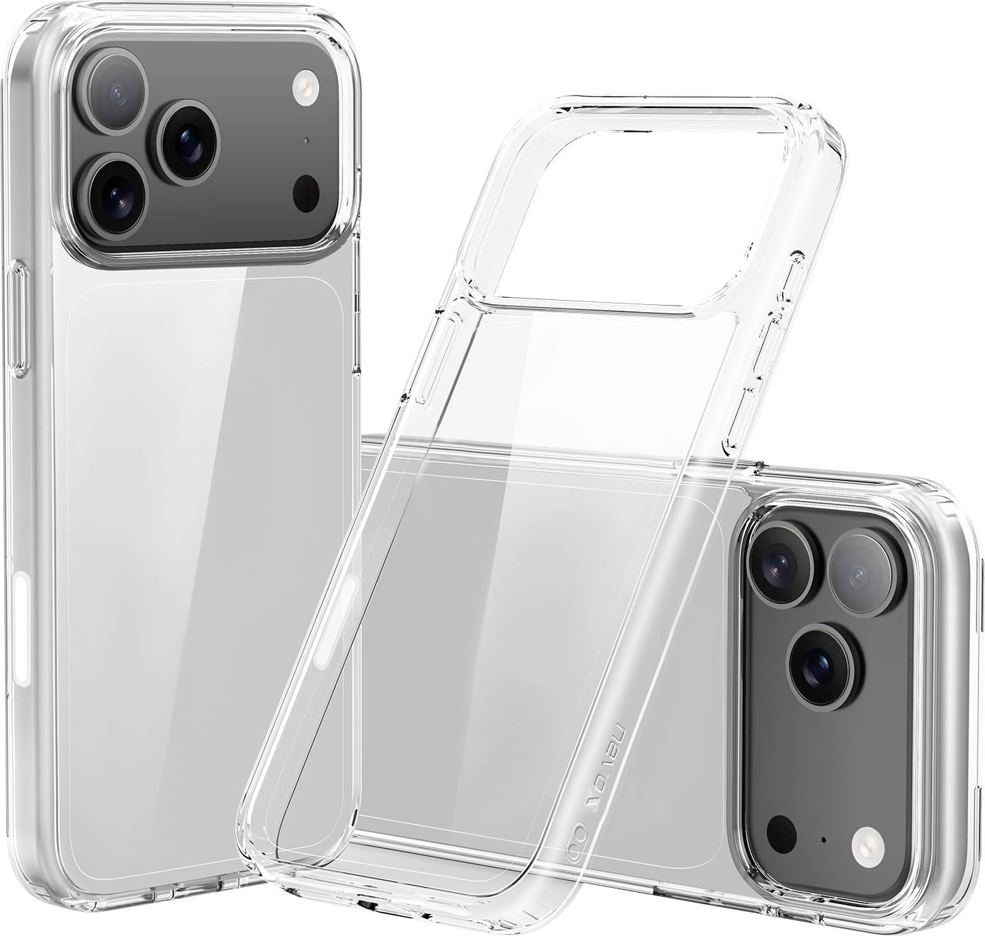 Tři transparentní pouzdra na chytré telefony zobrazená zepředu i zezadu. Obrázek zdůrazňuje transparentní, ochranný design každého pouzdra.