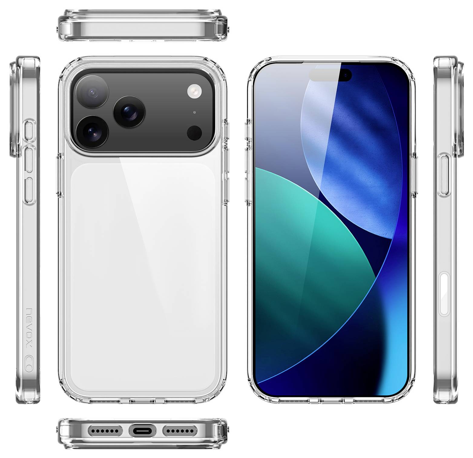 Smartphone s více pohledy: přední strana, zadní strana, boční strany a horní část. Obsahuje trojitou fotoaparát, elegantní design a displej po okraj.