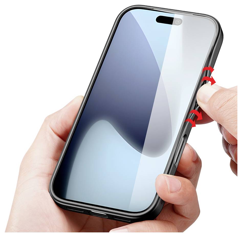 Ruka držící smartphone s ochranným sklem na displeji, které se právě přitlačuje na zapečetění. Červené šipky označují místa tlaku.