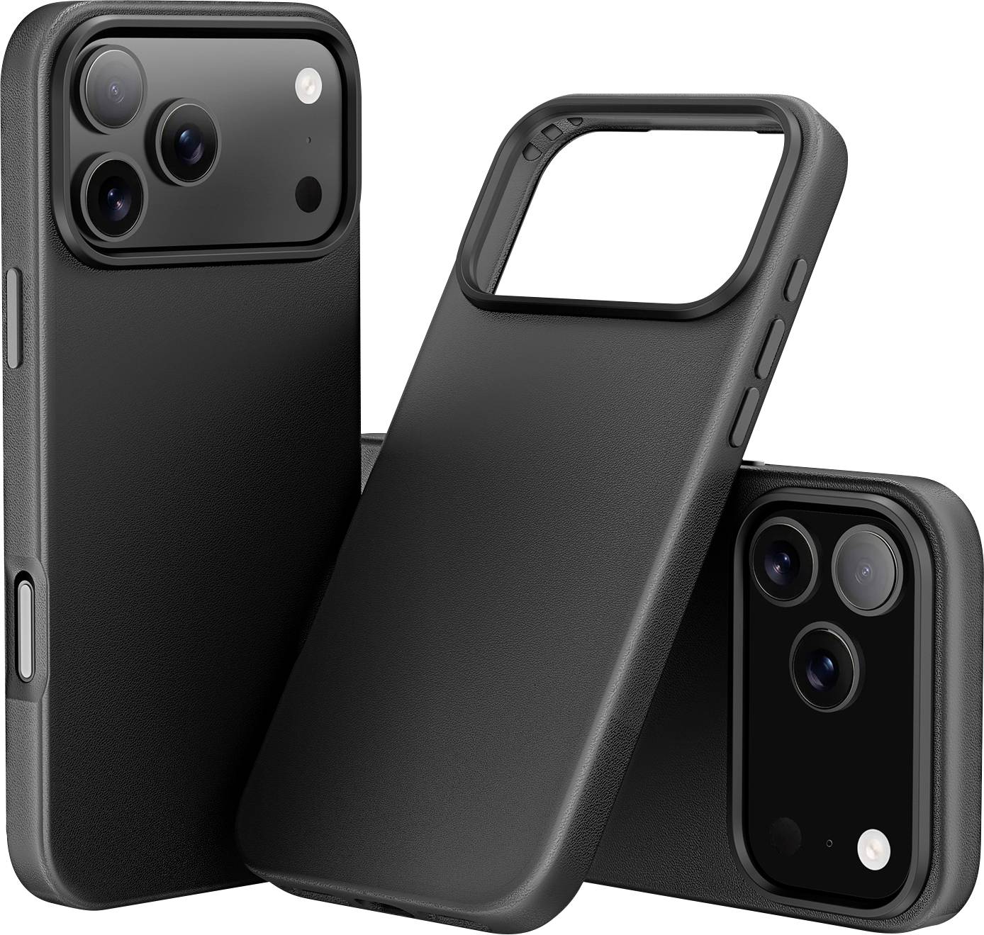Tři černé pouzdra na smartphone zobrazující přední, zadní a boční perspektivy, zdůrazňující ochranu fotoaparátu a detailní zpracování tlačítek.