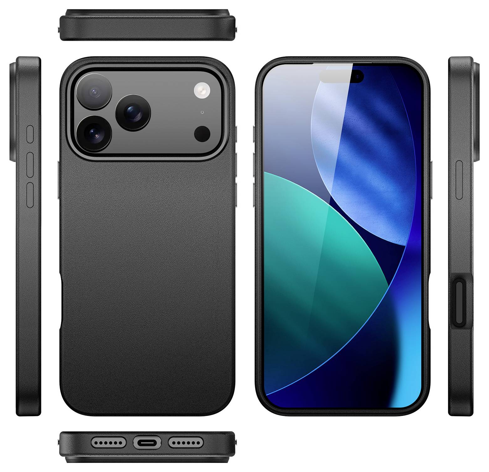 Přední a zadní pohled na chytrý telefon se třemi zadními fotoaparáty, zobrazený z různých úhlů. Přední displej je zapnutý a zobrazuje abstraktní grafiku.