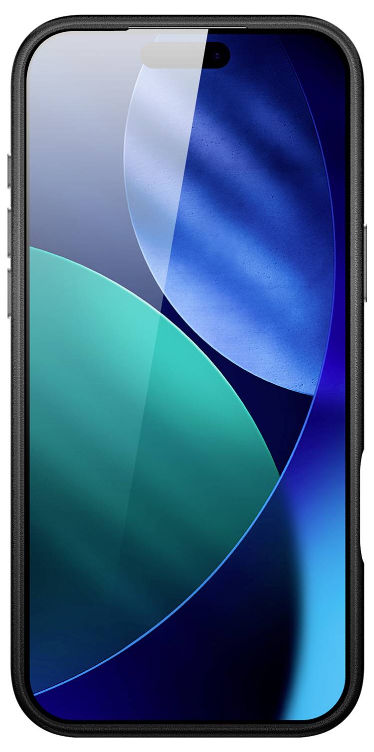 Chytrý telefon zobrazující zářivou abstraktní tapetu v modrých a modrozelených odstínech s kulatými geometrickými tvary a černým rámem.