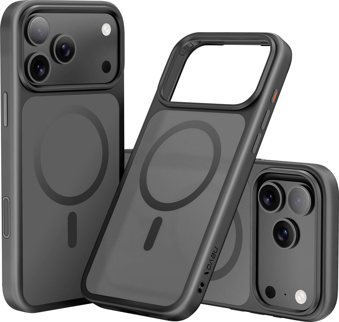 Tři tmavé pouzdra na telefony se kruhovými vzory, navržená pro různé modely telefonů, zobrazená na bílém pozadí.