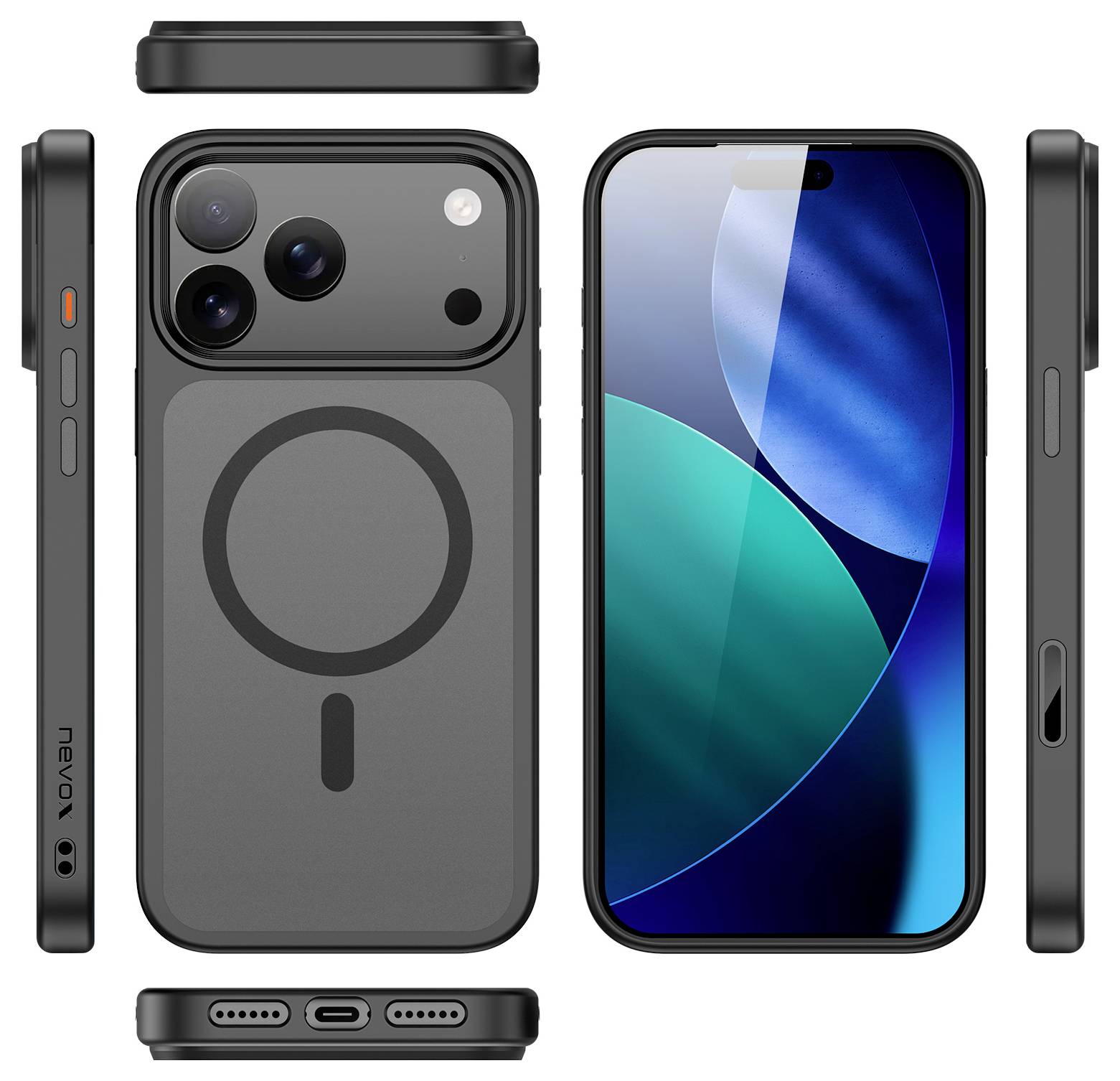 Smartphone je zobrazen v několika pohledech: zepředu, zezadu a ze stran. Přední strana zobrazuje displej a zadní strana obsahuje fotoaparáty a kruhový design.