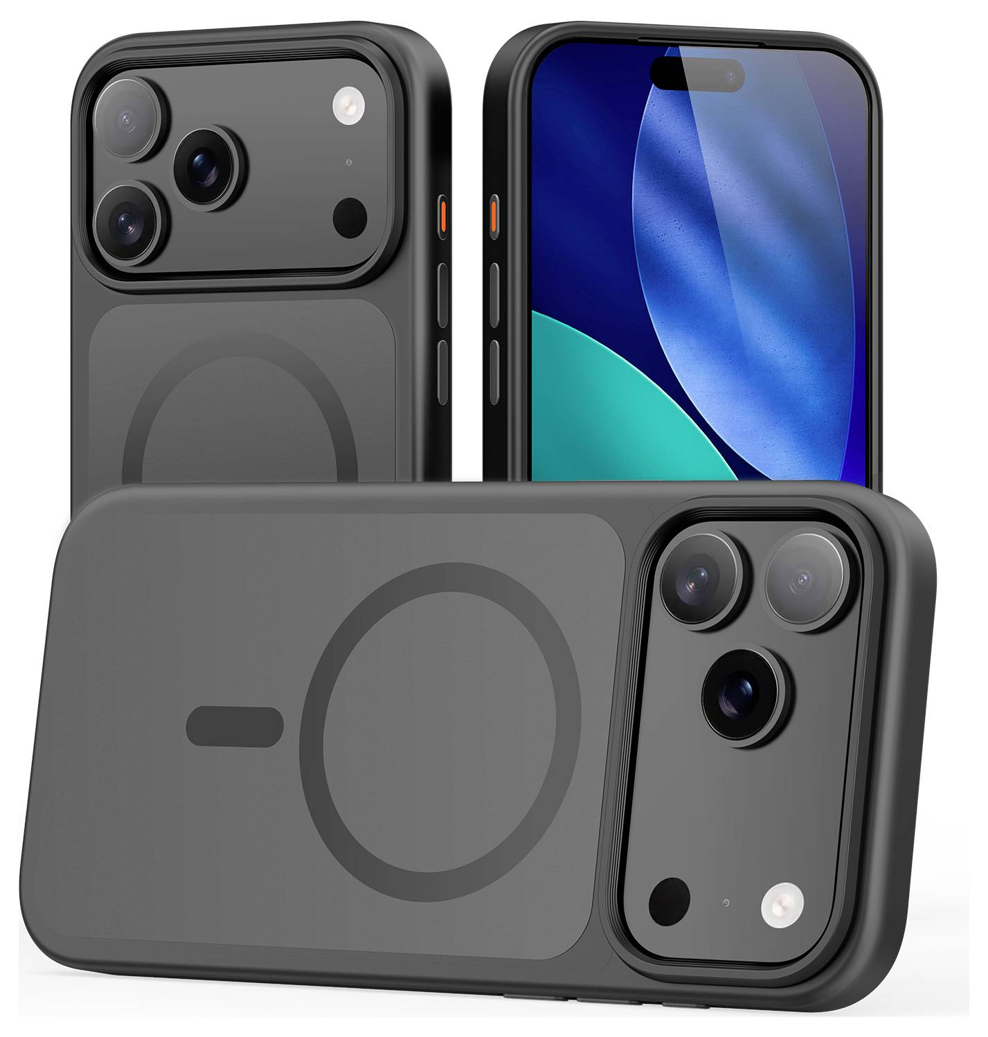 Tři černé chytré telefony s trojitým fotoaparátem zobrazené zezadu i zepředu, zdůrazňující design fotoaparátu a displej obrazovky.