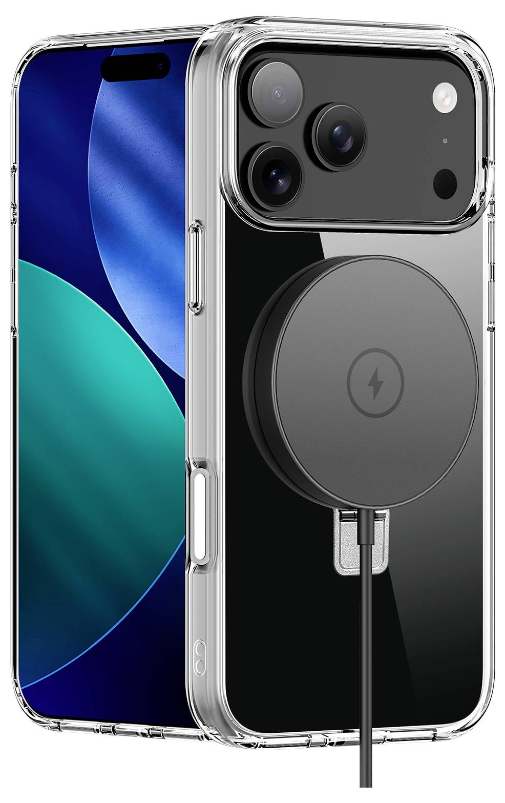 Průhledné pouzdro na telefon zobrazující černé zařízení s kruhovou přílohou pro bezdrátové nabíjení, zdůrazňující kompatibilitu s MagSafe.