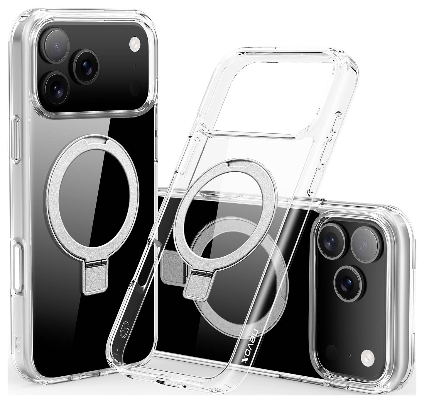 Tři transparentní pouzdra na telefon s kruhovými magnetickými kroužky na zadní straně, navržená pro smartphone se třemi objektivy kamery.