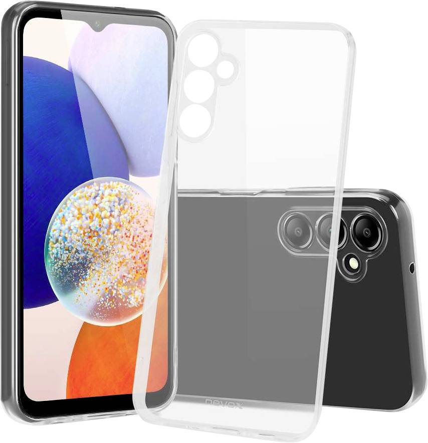 Průhledný kryt na smartphone zobrazený na telefonu a před zadní stranou telefonu, zvýrazňující transparentní design a výřezy na fotoaparát.