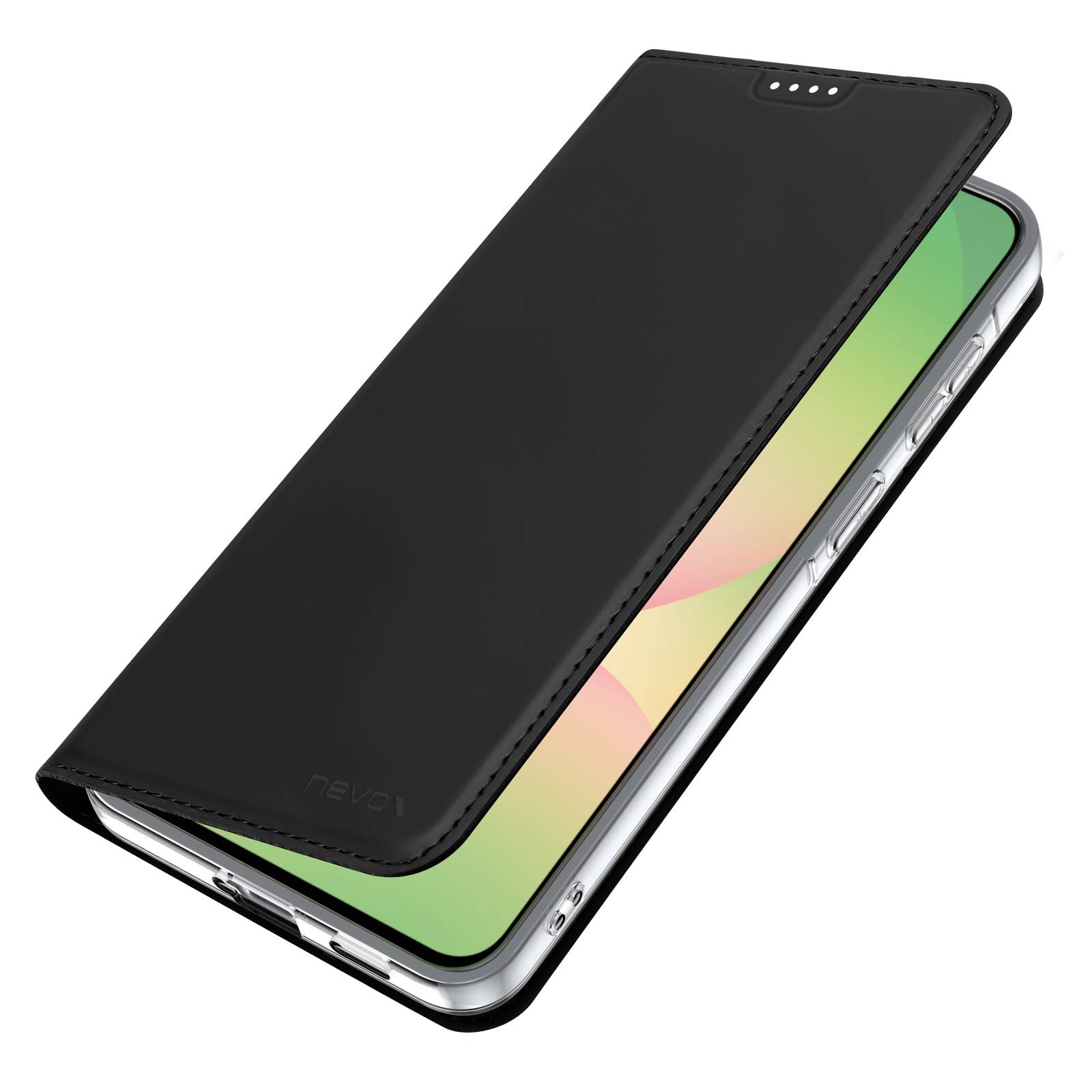 Černé pouzdro na klápací telefon kryjící chytrý telefon, zobrazující okraj obrazovky a postranní tlačítka na bílém pozadí.