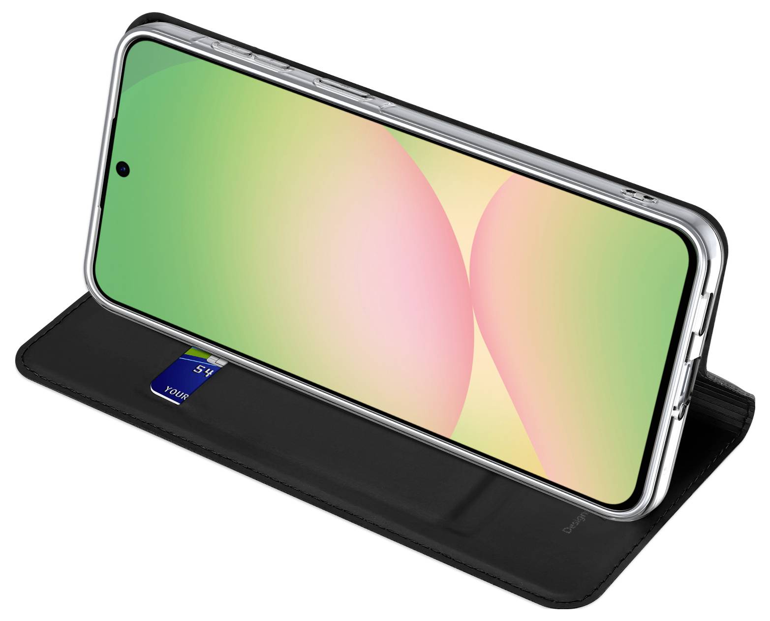 Smartphone v černém pouzdru s klopou obsahující viditelný slot na karty, otevřené a nakloněné na bílém pozadí.