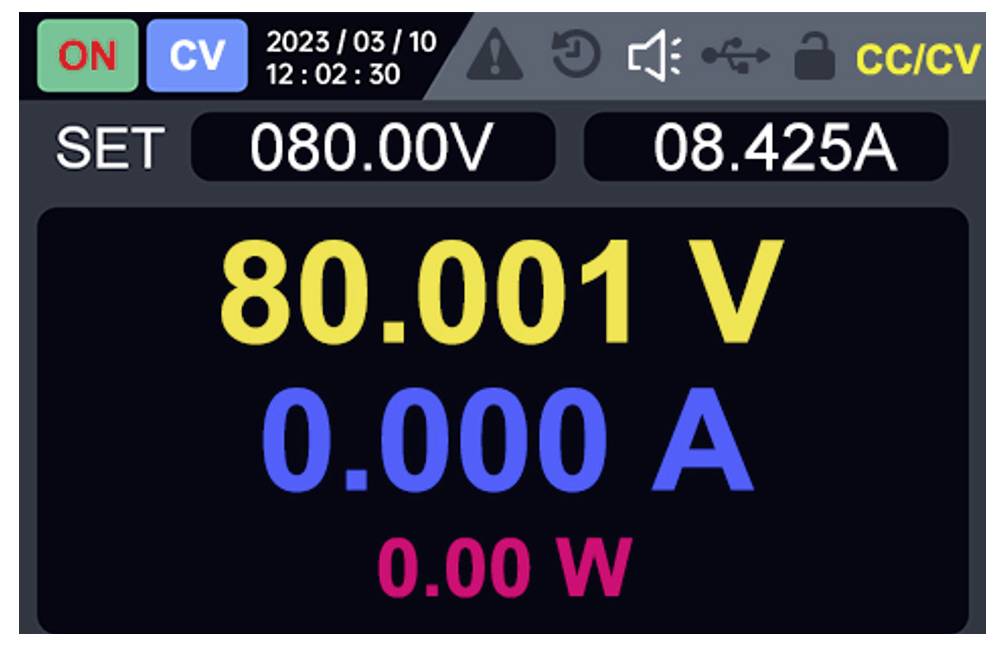 Displej digitálního zdroje energie ukazující výstup nastavený na 080,00V a 08,425A, s aktuálními údaji 80,001 V, 0,000 A a 0,00 W v režimu CC/CV.