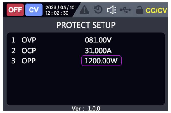 Zdroj napájení - obrazovka 'OCHRANA NASTAVENÍ' zobrazující OVP 081.00V, OCP 31.000A a OPP 1200.00W v režimu CV.