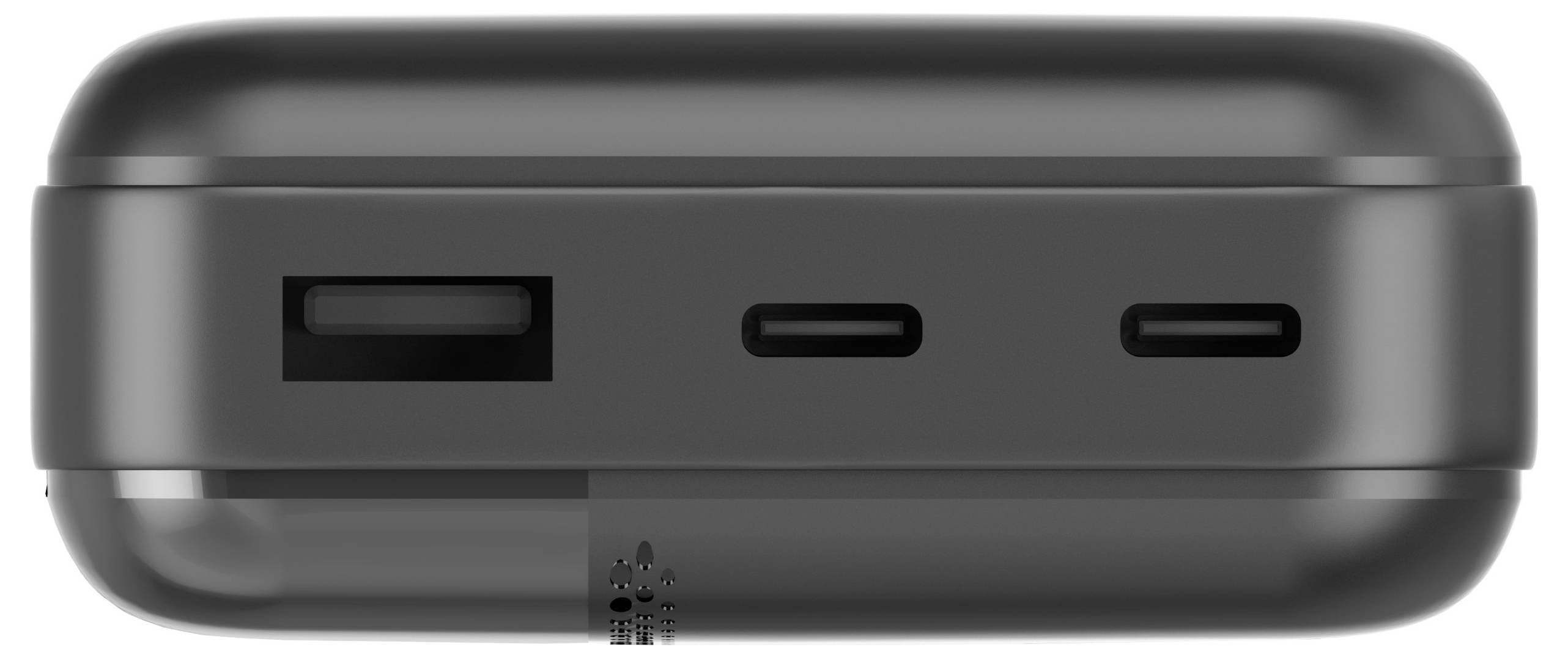 Černé elektronické zařízení s porty, včetně USB portu a dvěma menšími porty, na jeho straně.