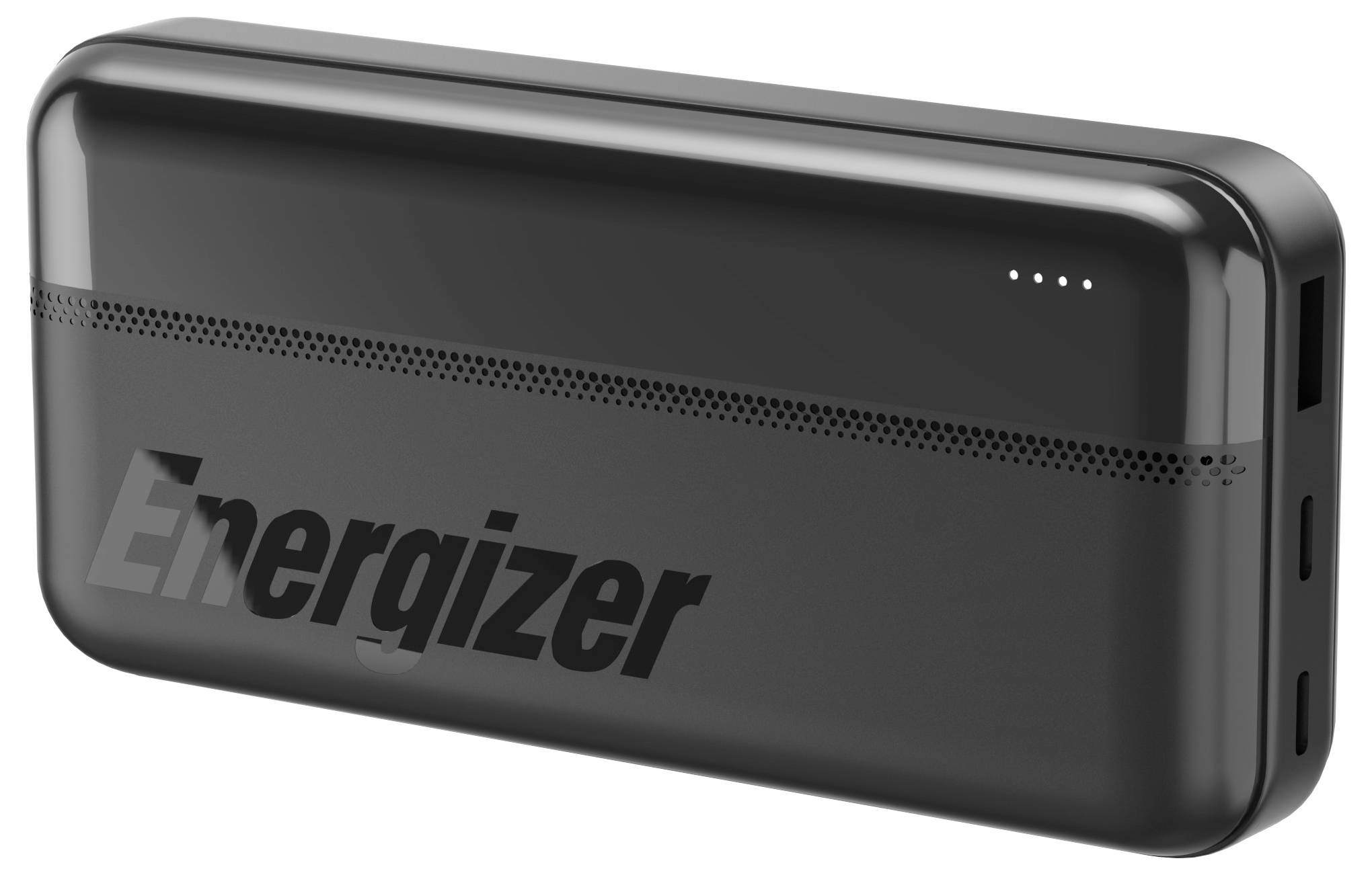 Černá power banka Energizer s minimalistickým designem, vybavená čtyřmi LED indikačními světly na horní straně a USB portem na boku.