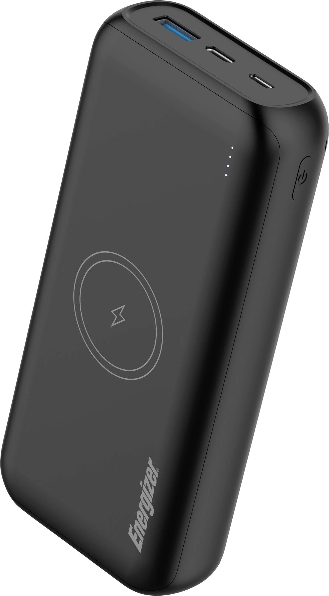Černá přenosná powerbanka s bezdrátovým nabíjecím podložením a třemi USB porty, jeden USB-A a dva USB-C. Logo výrobce zní „Energizer".