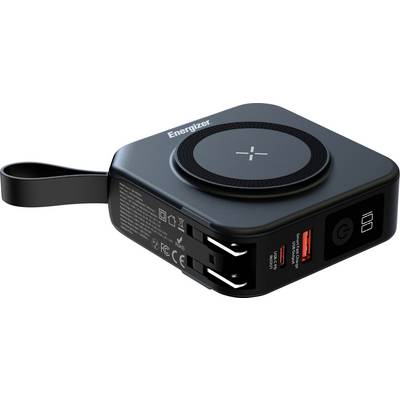 Černá bezdrátová nabíjecí power banka s logem „Energizer" vybavená kruhovou nabíjecí podložkou a dvěma porty USB s tlačítkem napájení.