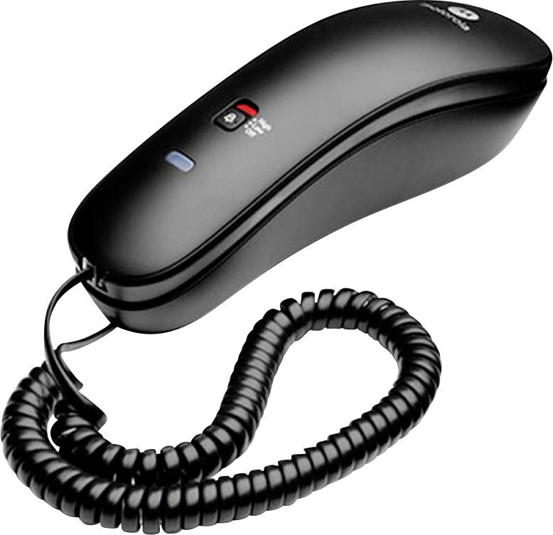 Černá sluchátka telefonního handset se spirálovým kabelem, vybavená tlačítkem "Nový hovor" a tlačítkem pro ovládání hlasitosti na přední straně.