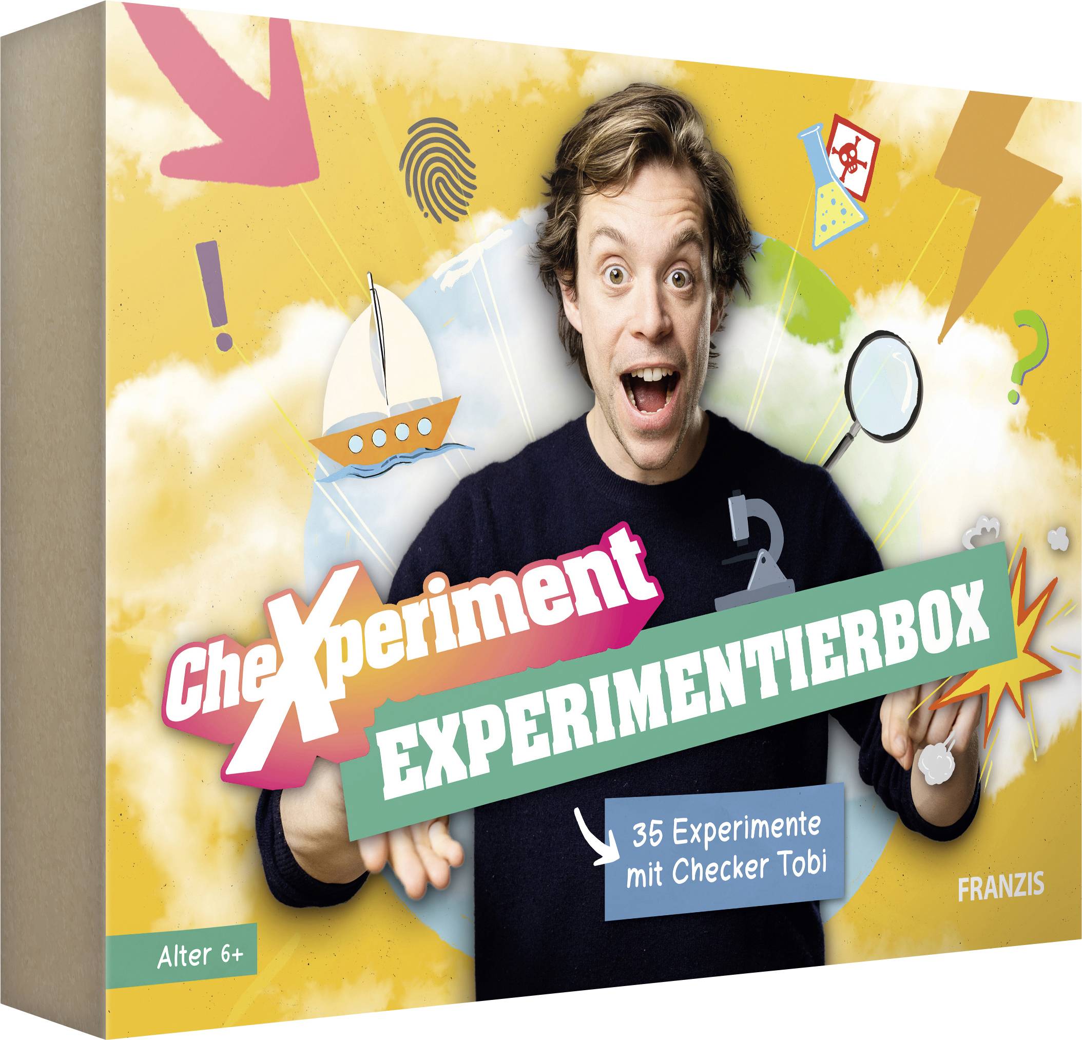 Balení "CheXperiment Experimenteirbox" obsahuje osobu, která gestikuluje s nadšením, barevné symboly a text "35 pokusů s Checkerem Tobim". Vhodné pro věk 6+.
