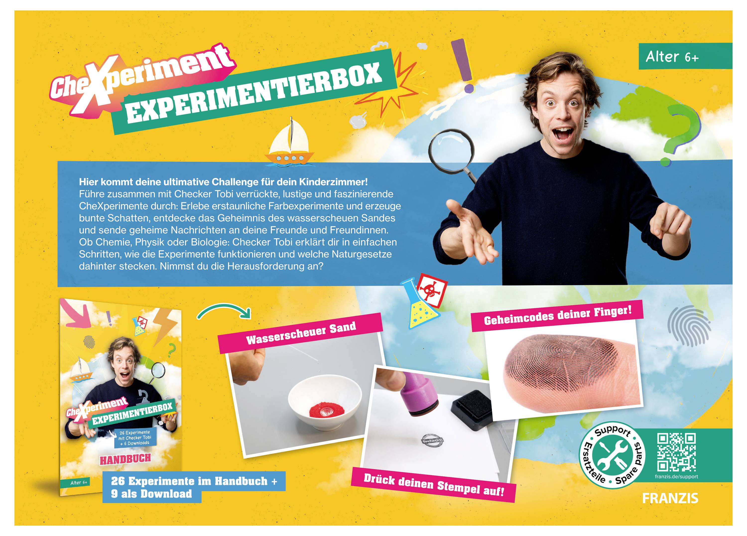 'CheXperiment Experimentální krabice' pro děti od 6 let; obsahuje vědecké experimenty jako 'voda odpuzující písek' a 'Tajné kódy tvých prstů'. Funkce zábavné ilustrace a osobu nadšeně představující krabici.