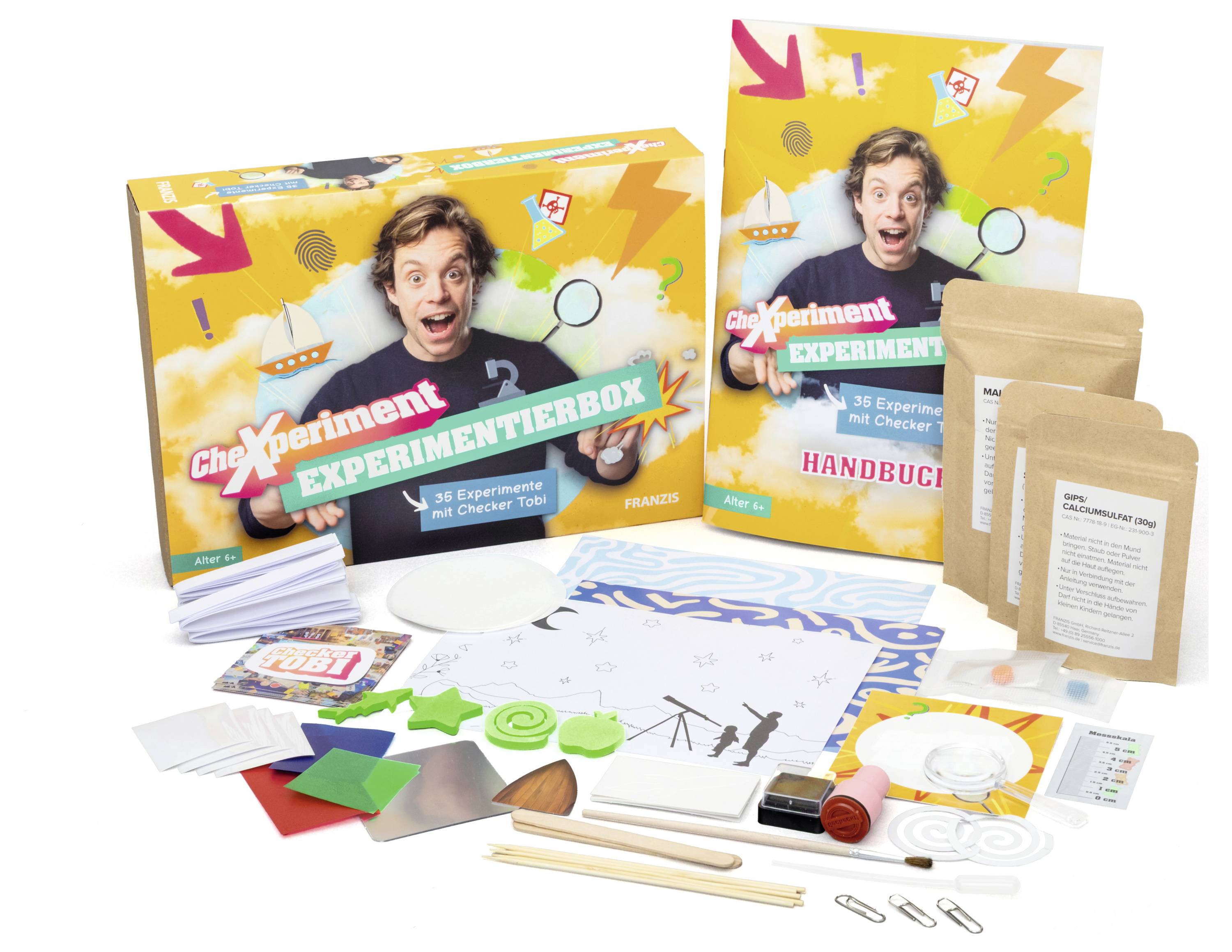 Vědecký experimentální set s různobarevnými materiály a návodem určený k vzdělávacím účelům, který obsahuje 36 experimentů.