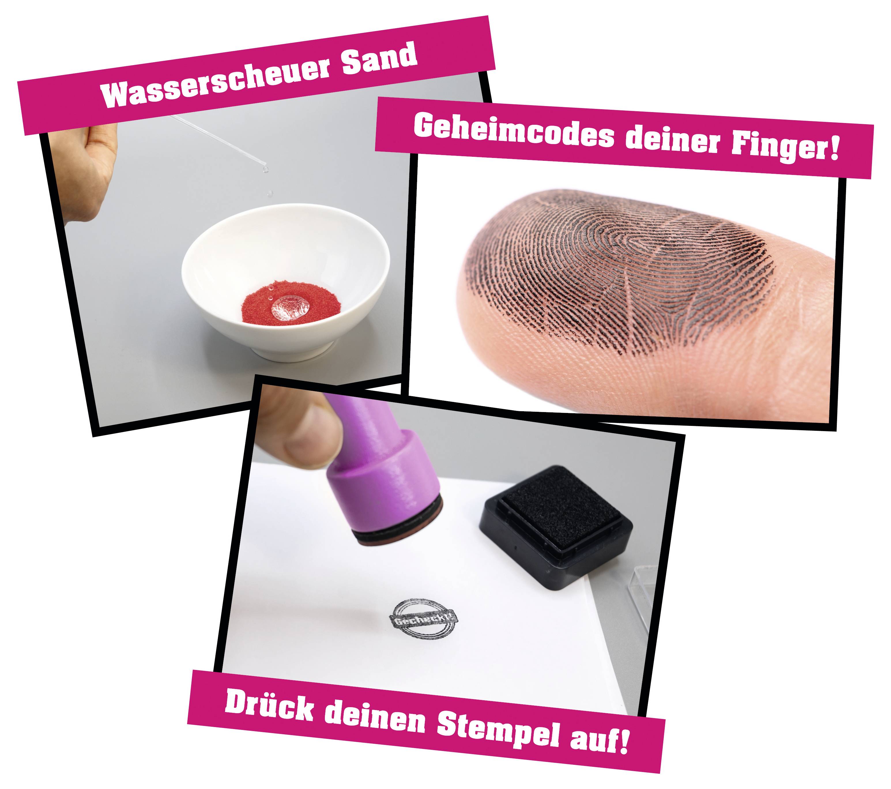 "Wasserscheuer Sand" ukazuje červený písek v mísce. "Geheimcodes deiner Finger!" zobrazuje detailní záběr otisků prstů. "Drück deinen Stempel auf!" vyobrazuje razítko stisnuté na papír.