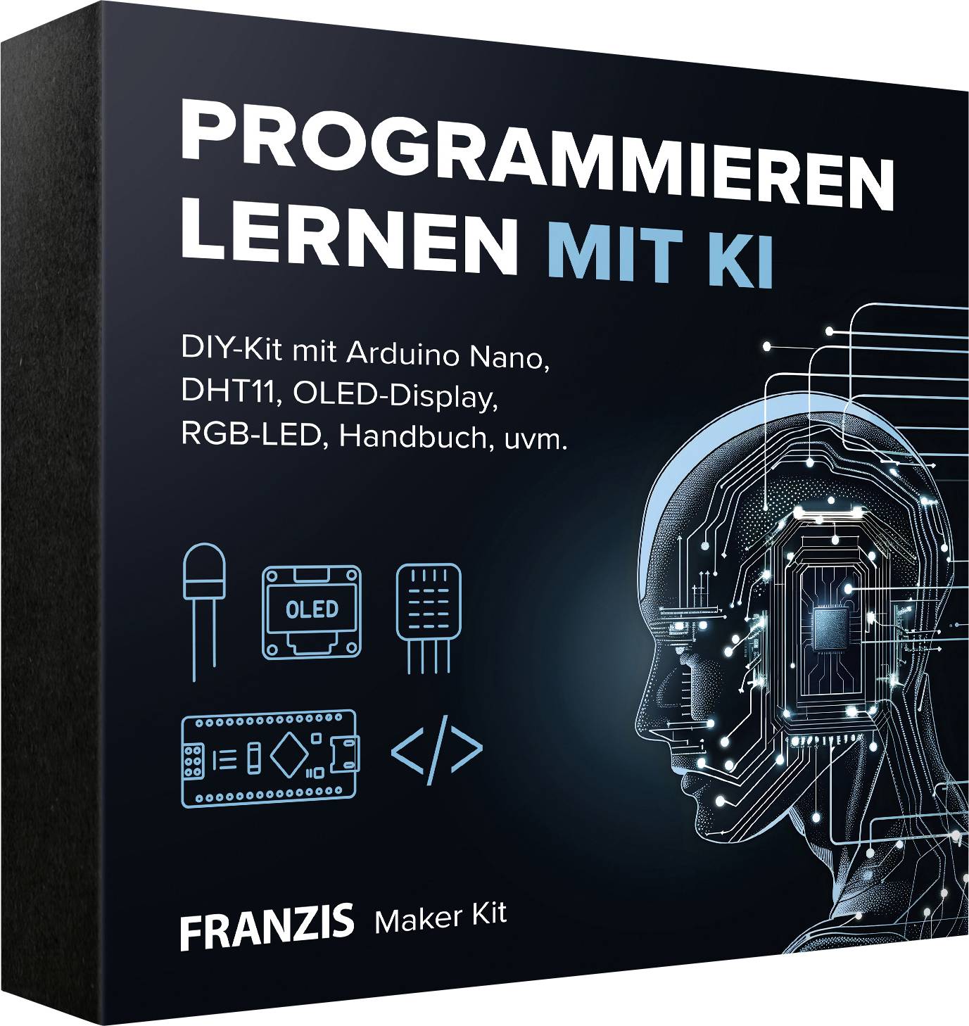 Obálka sady "Programmieren lernen mit KI" zobrazuje digitální lidskou hlavu s obvody a ikonami pro OLED, Arduino a prvky kódování.