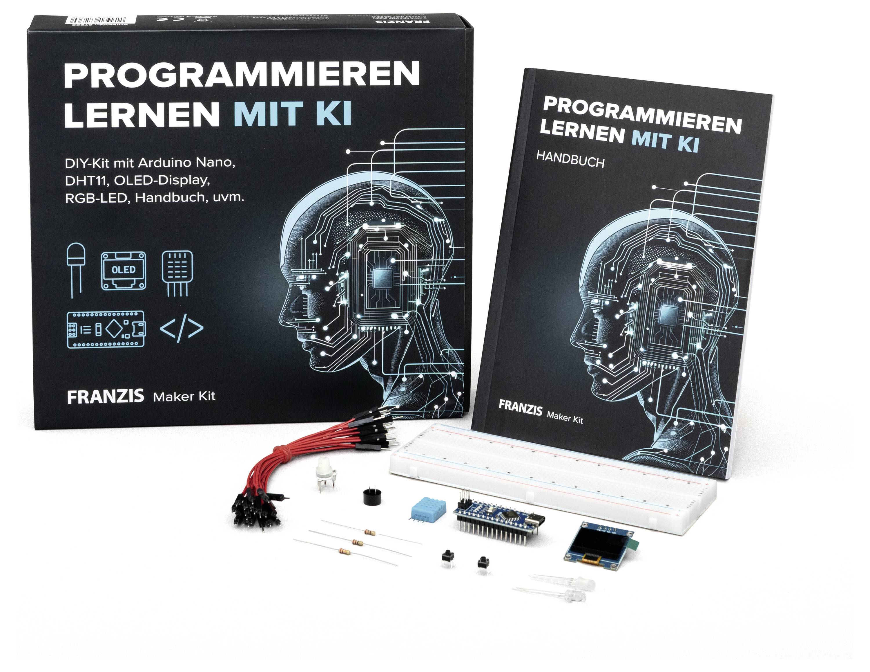 „PROGRAMOVÁNÍ S UMĚLOU INTELIGENCÍ" Sada Maker s elektronickými součástkami, příručkou a deskou plošného spoje s grafickými prvky AI na obalu.
