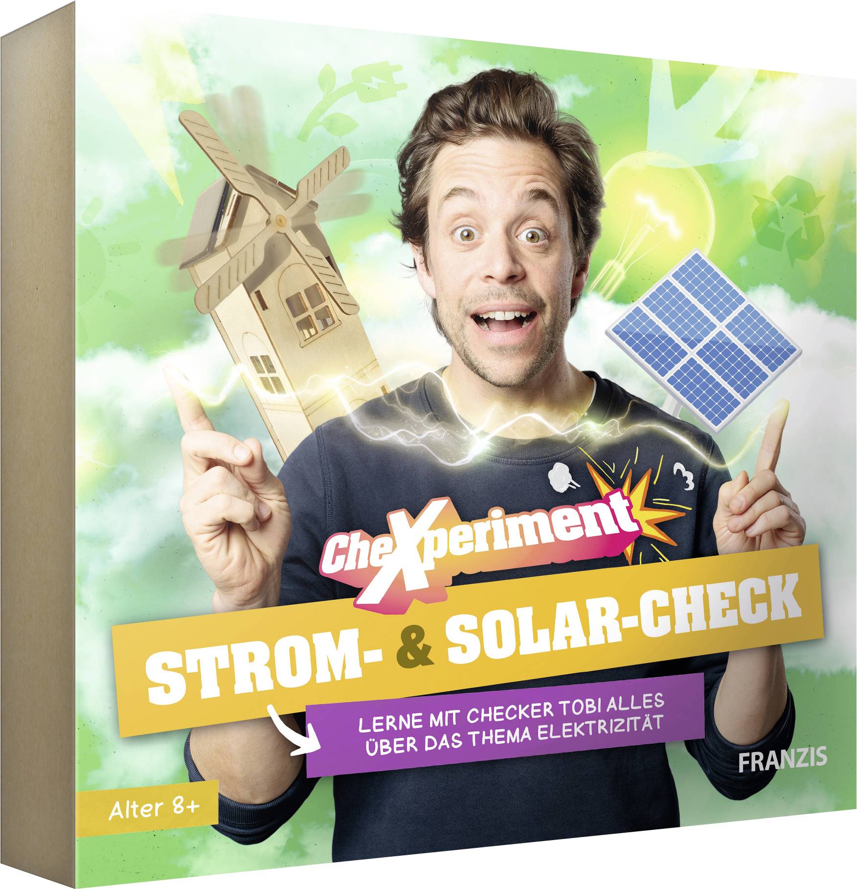 Muž energicky se usmívající se solárními panely a větrným mlýnem. Text: "CheXperiment: Kontrola elektřiny a solárního systému. Poznej elektřinu."