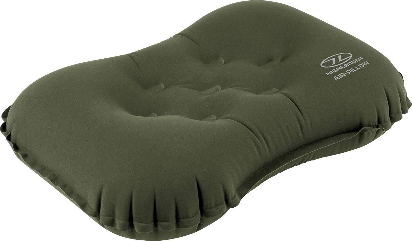 Tmavě zelený nafukovací polštář s logem na boku, s vlnitým designem a konturovaným povrchem pro ergonomickou podporu.