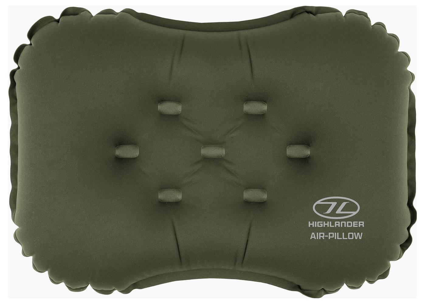 Zelený nafukovací polštář s logem "Highlander Air-Pillow" vytištěným v pravém dolním rohu. Polštář má polstrovaný povrch.