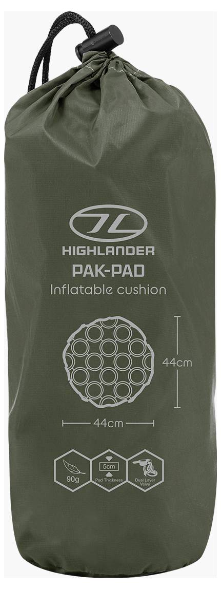 Zelená taska označená "HIGHLANDER PAK-PAQ Nafukovací polštář" s diagramem ukazujícím rozměry: kruh 44 cm.