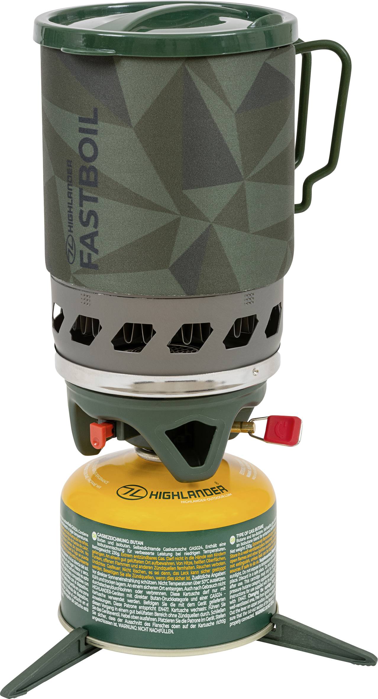 Kempingový vařič se zeleným hrncem označeným 'FASTBOIL' na vrcholu, namontovaný na žlutém palivové nádobě označené 'HIGHLANDER'.