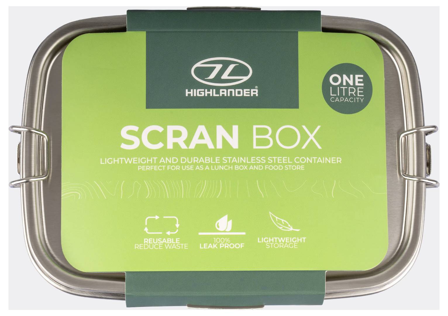 Highlander 'Scran Box' nerezová nádoba, objem 1 litr, vyznačující se lehkou konstrukcí, opakovaně použitelná, těsnící vlastnosti zabraňující úniku. Ideální pro uložení obědů a potravin.