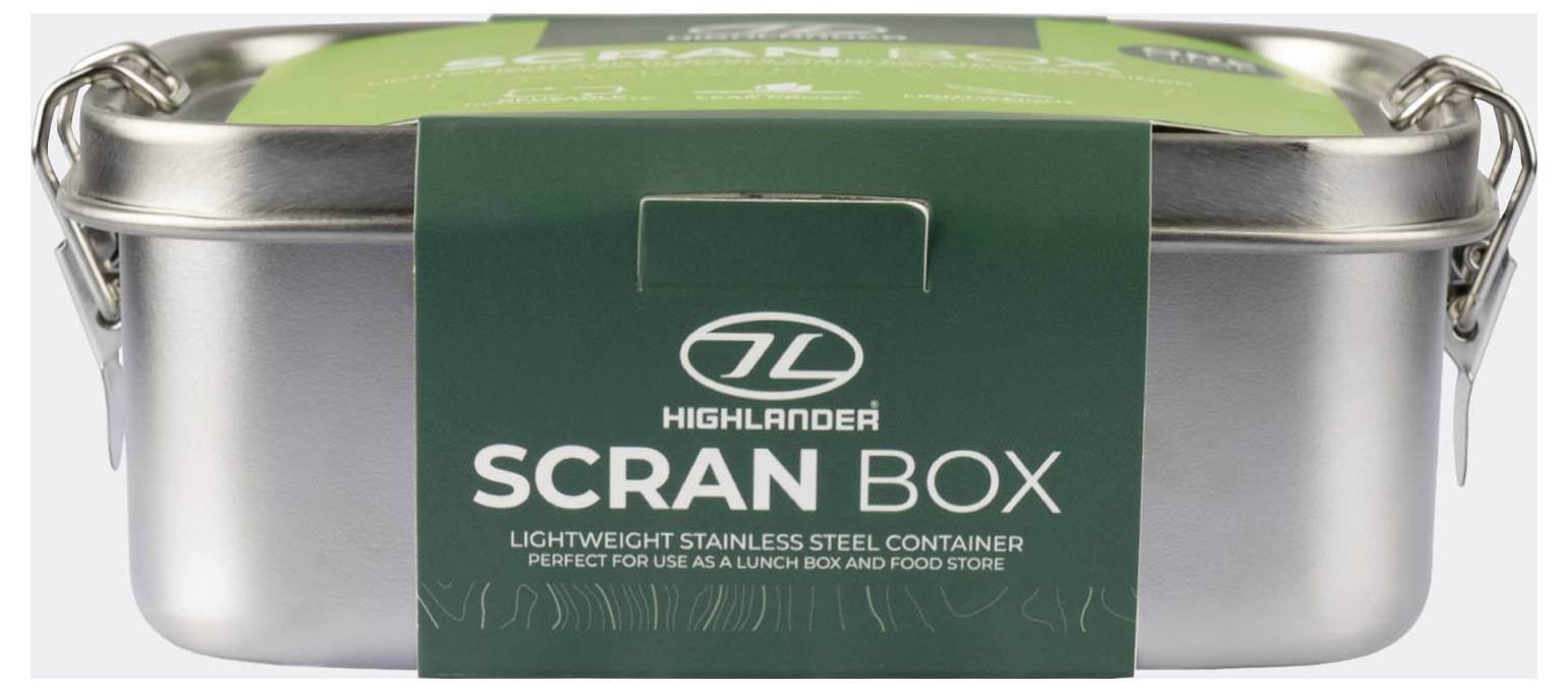 Obdélníková nerezová krabička na jídlo značky 'Highlander Scran Box' se zeleným návlekem, určená pro skladování potravin.