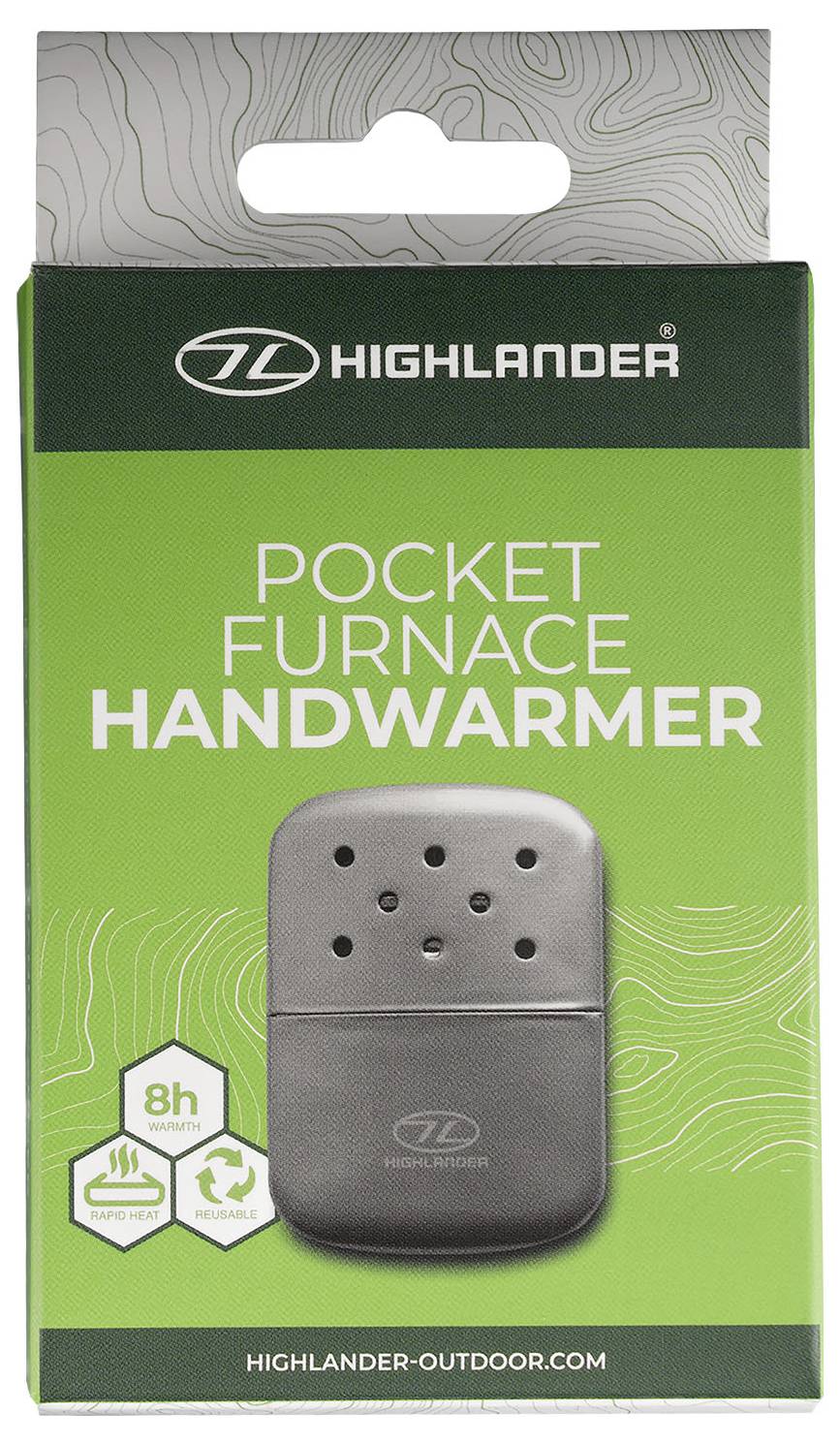 Balení pro "Highlander Pocket Furnace Handwarmer" v zelené barvě s produktovým obrázkem a textem. Hlavní výhody zahrnují ikonu 8 hodin provozu.