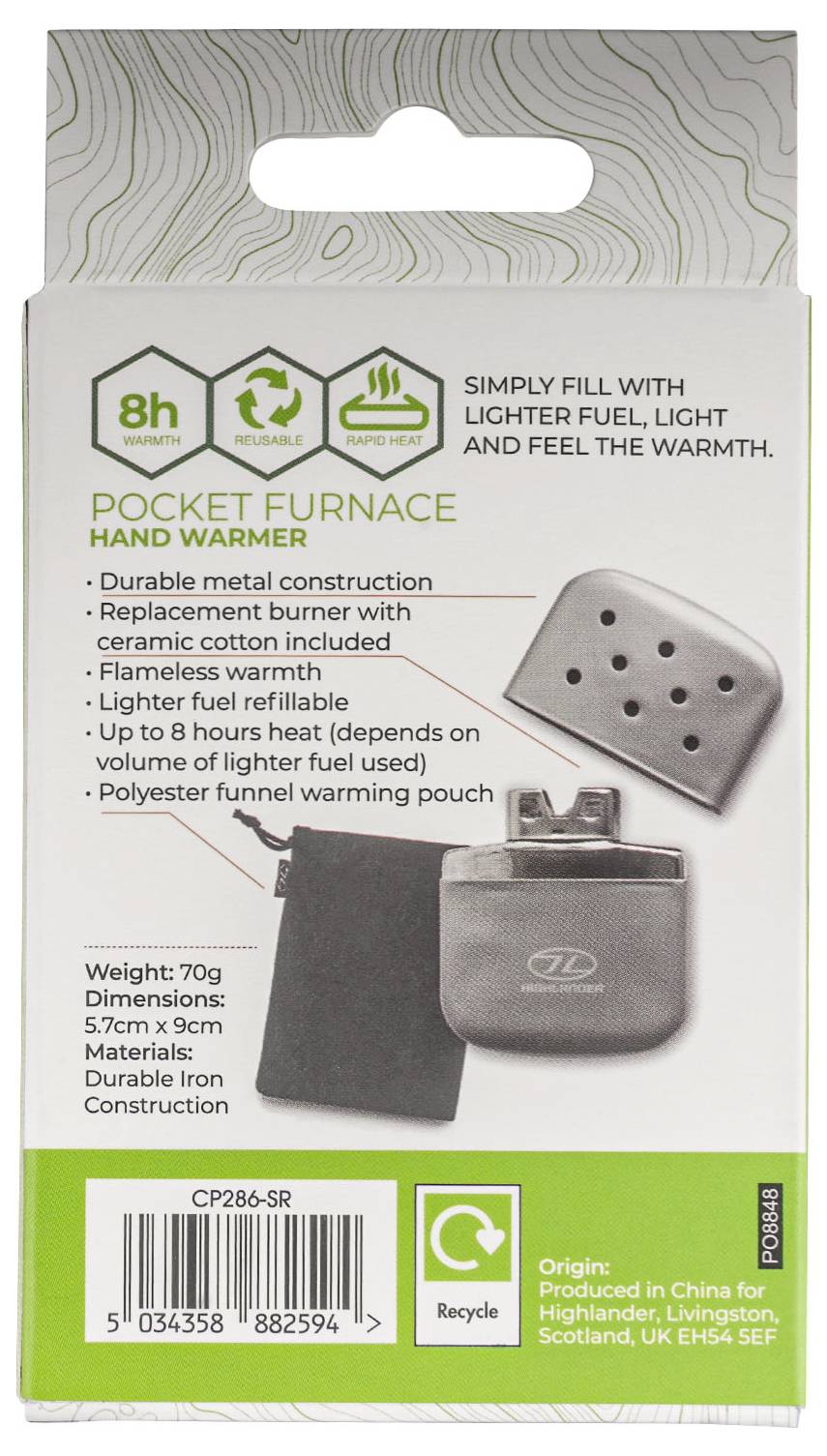 Obal 'Pocket Furnace Hand Warmer'. Hlavní přednosti: 8 hodin tepla, využití benzínu do zapalovače. Specifikace: 70g, 5,7cm x 9cm. Recyklovatelné.
